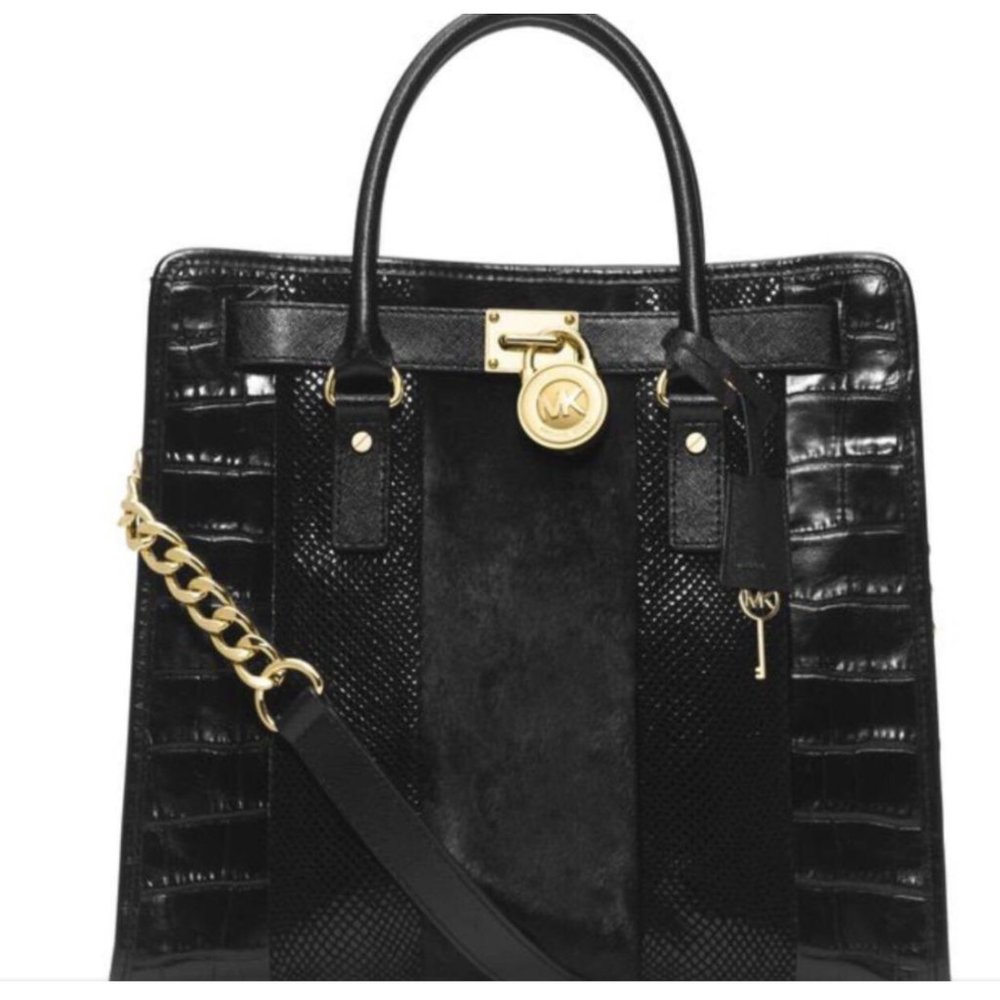 Michael Kors Mixed Media Black Hair calf Leather EW Hamilton Satchel Bag